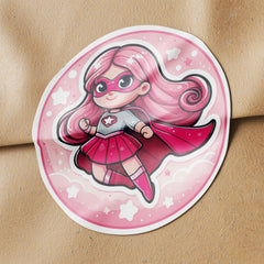 Pink Girl Superhero 1 Circle Stickers