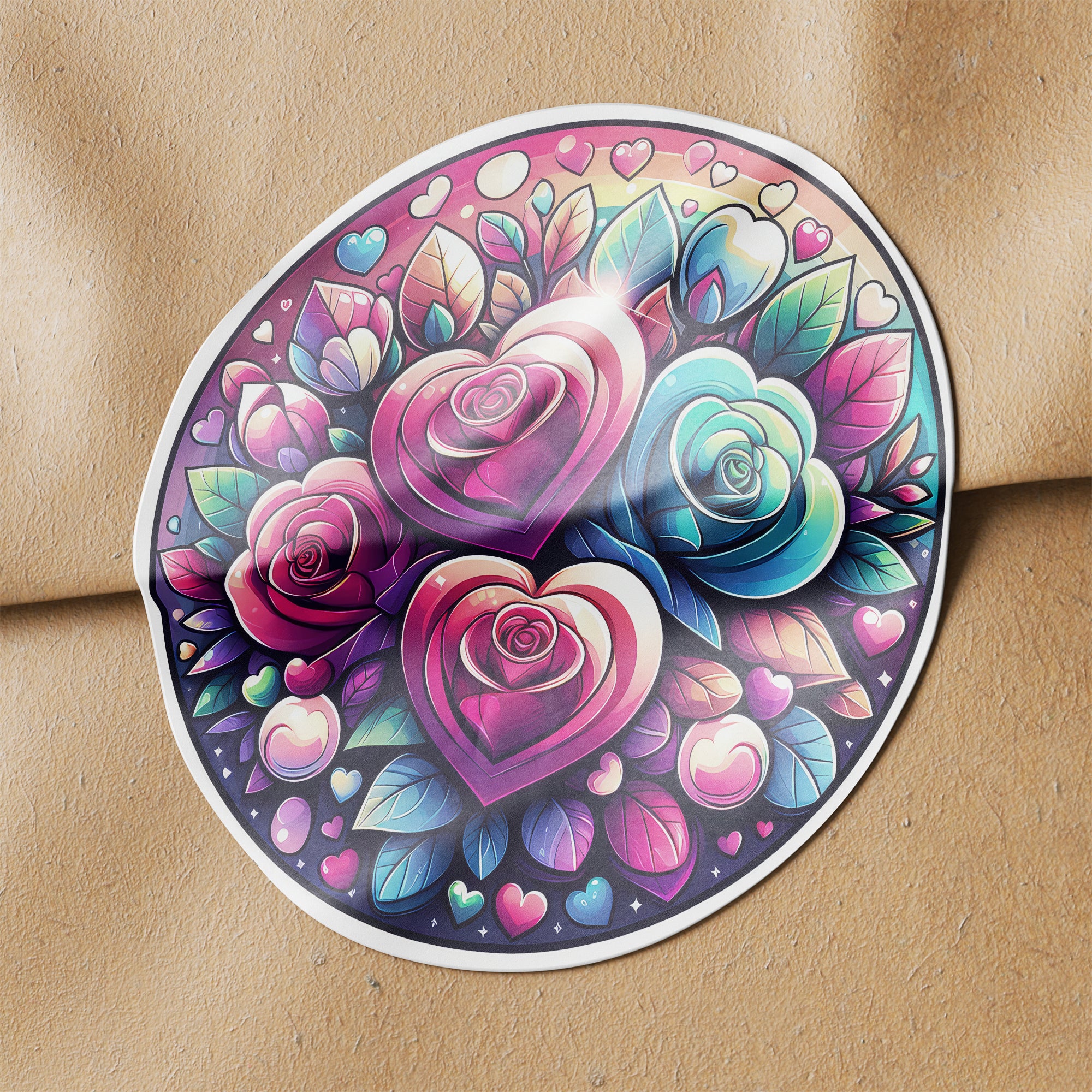 Rainbow Hearts & Roses 3 Circle Stickers