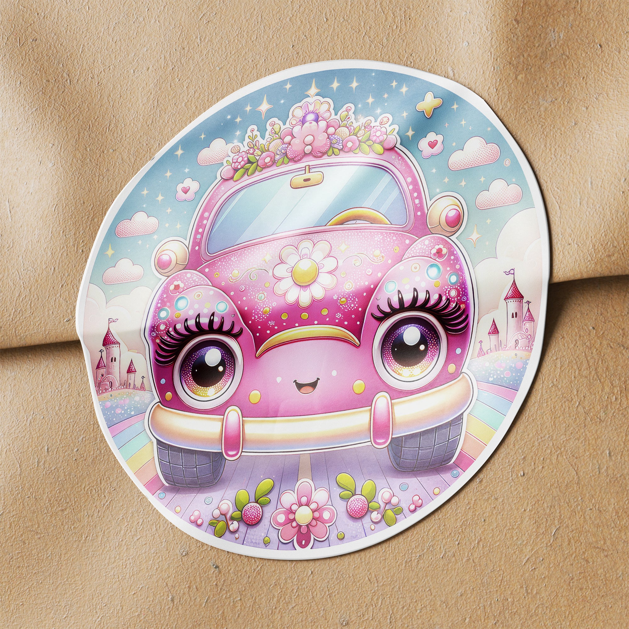 Pink Car 2 Circle Stickers