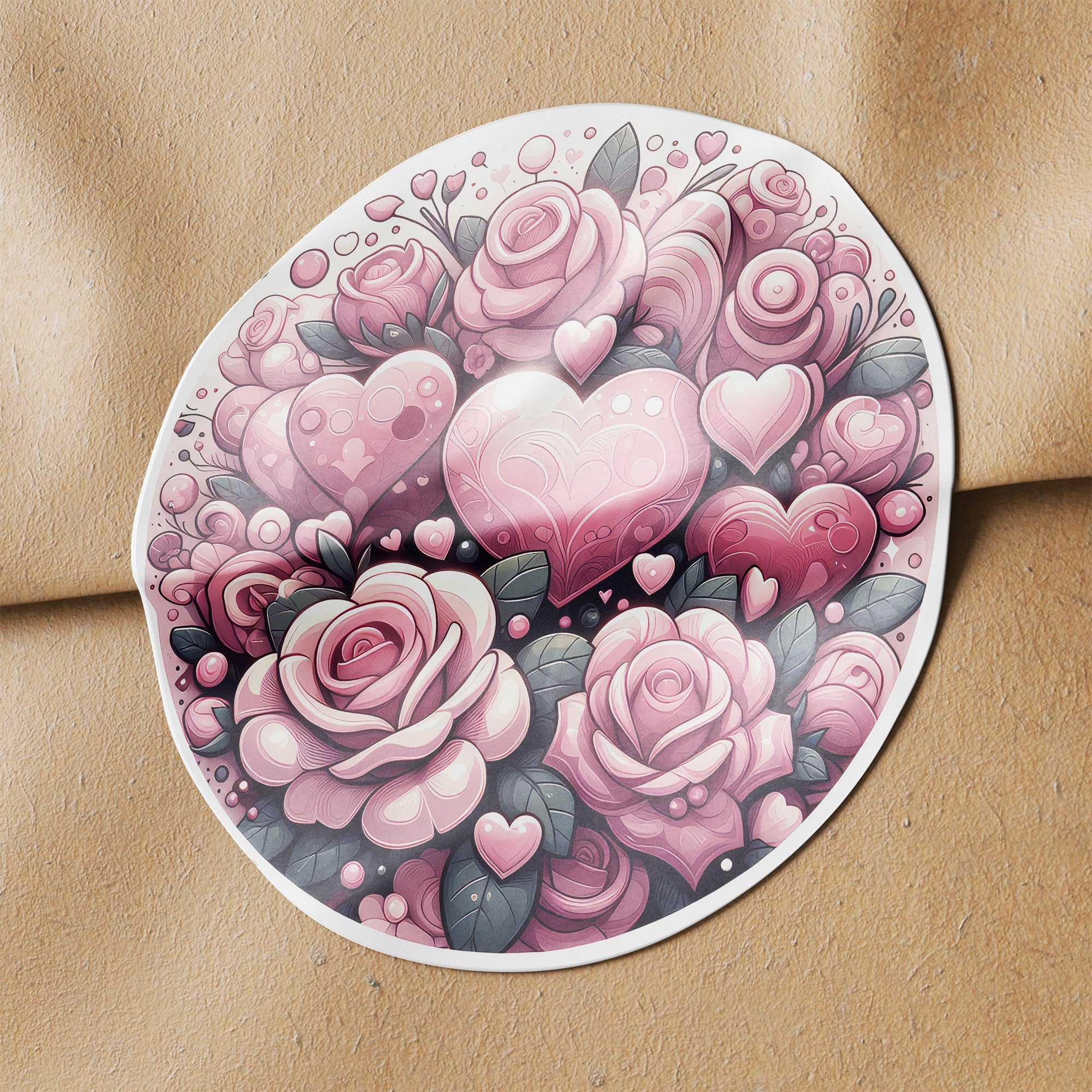 Pink Hearts & Roses 3 Circle Stickers