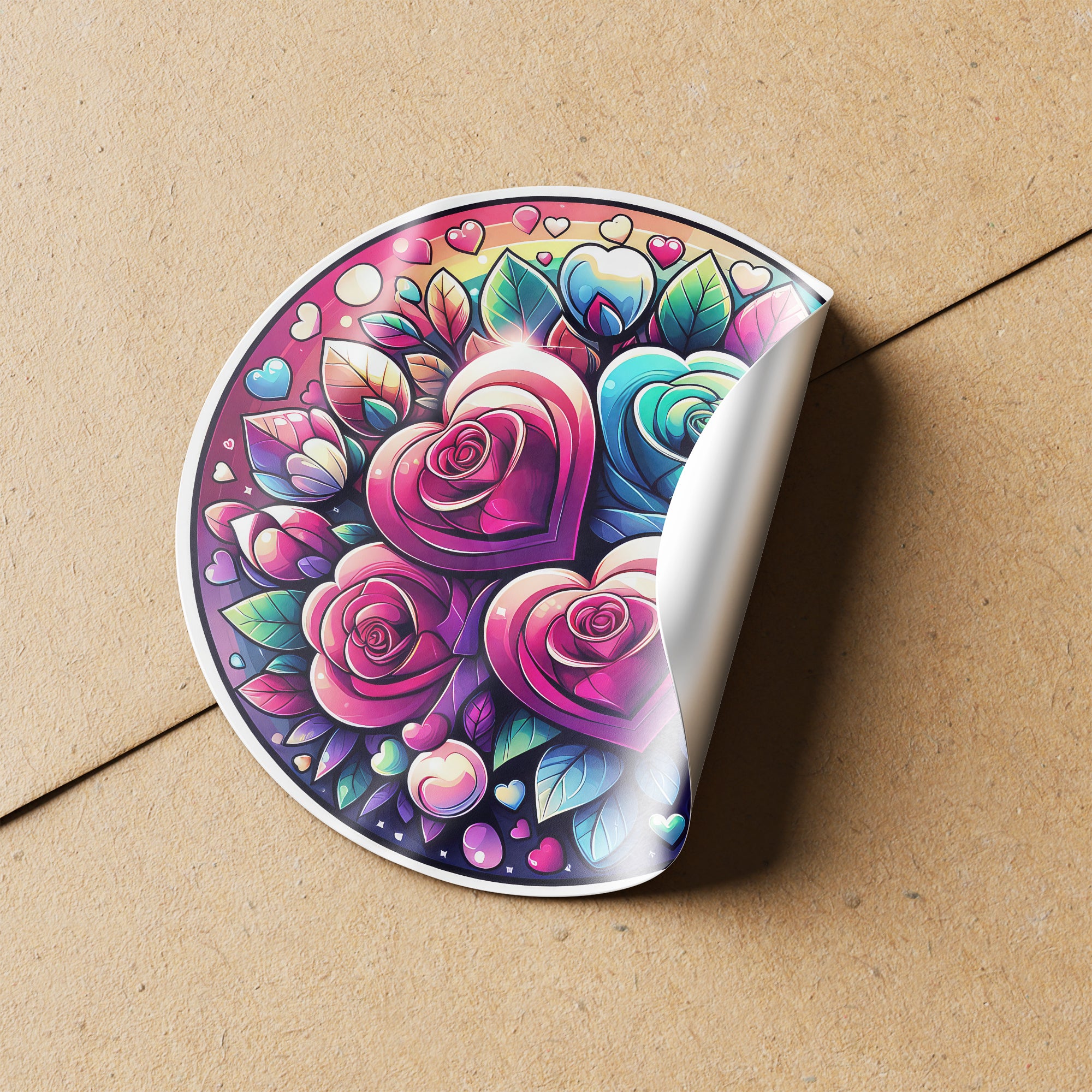 Rainbow Hearts & Roses 3 Circle Stickers