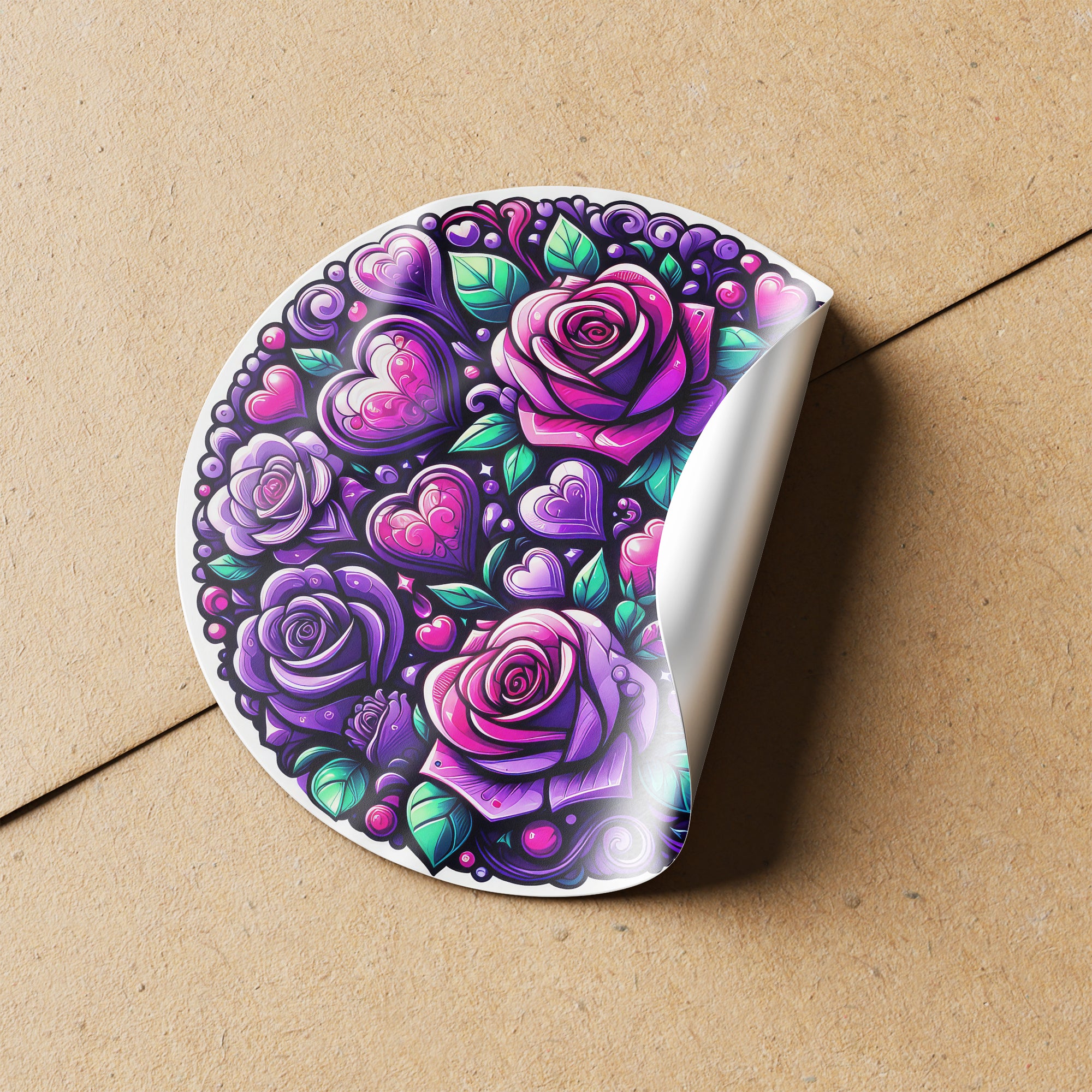 Purple Hearts & Roses 1 Circle Stickers