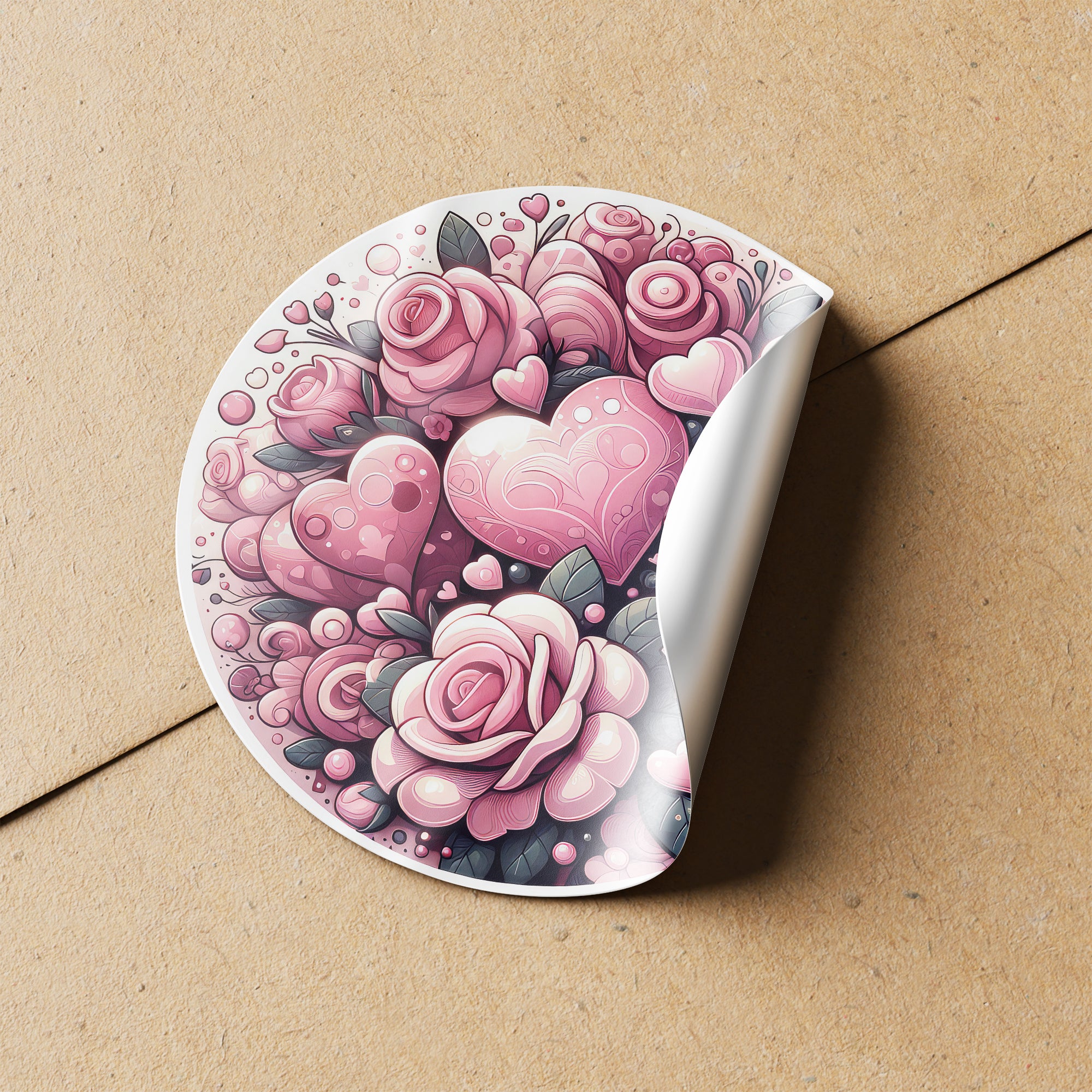 Pink Hearts & Roses 3 Circle Stickers