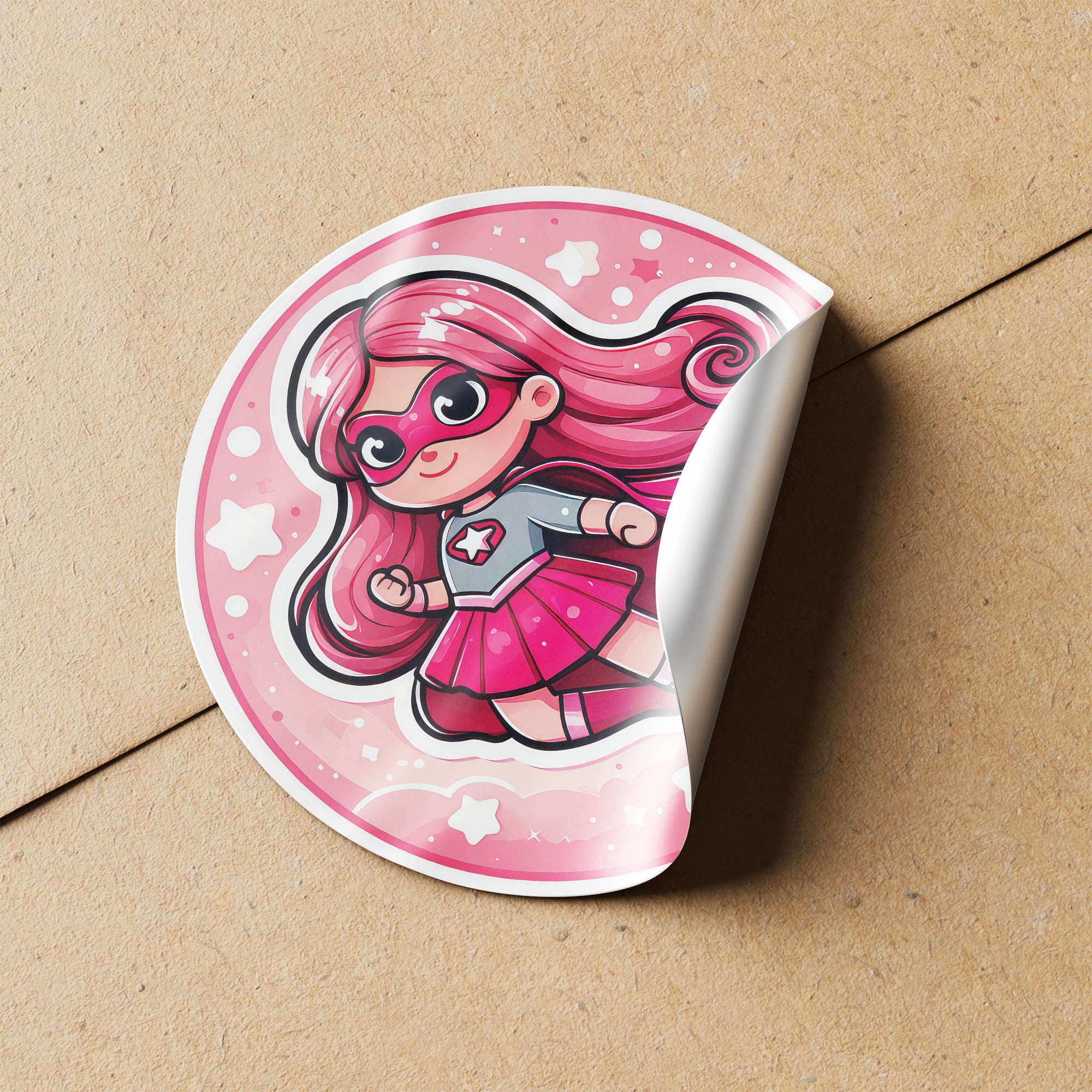 Pink Girl Superhero 1 Circle Stickers