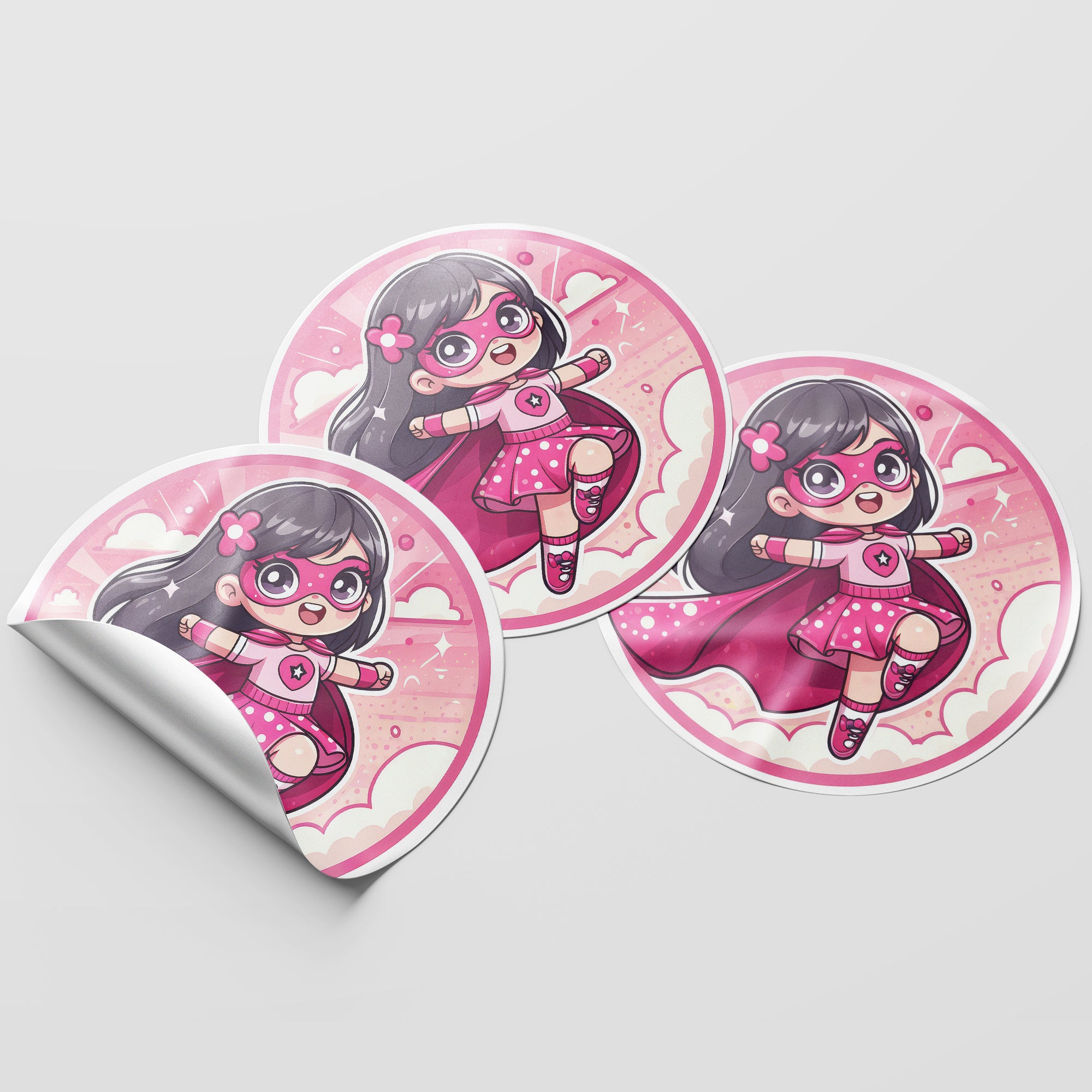 Pink Girl Superhero 2 Circle Stickers