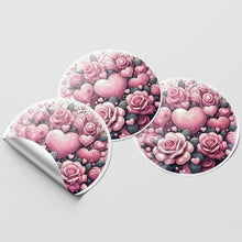 Load image into Gallery viewer, Pink Hearts &amp; Roses 3 Circle Stickers
