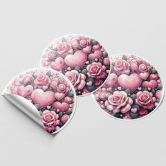 Pink Hearts & Roses 3 Circle Stickers