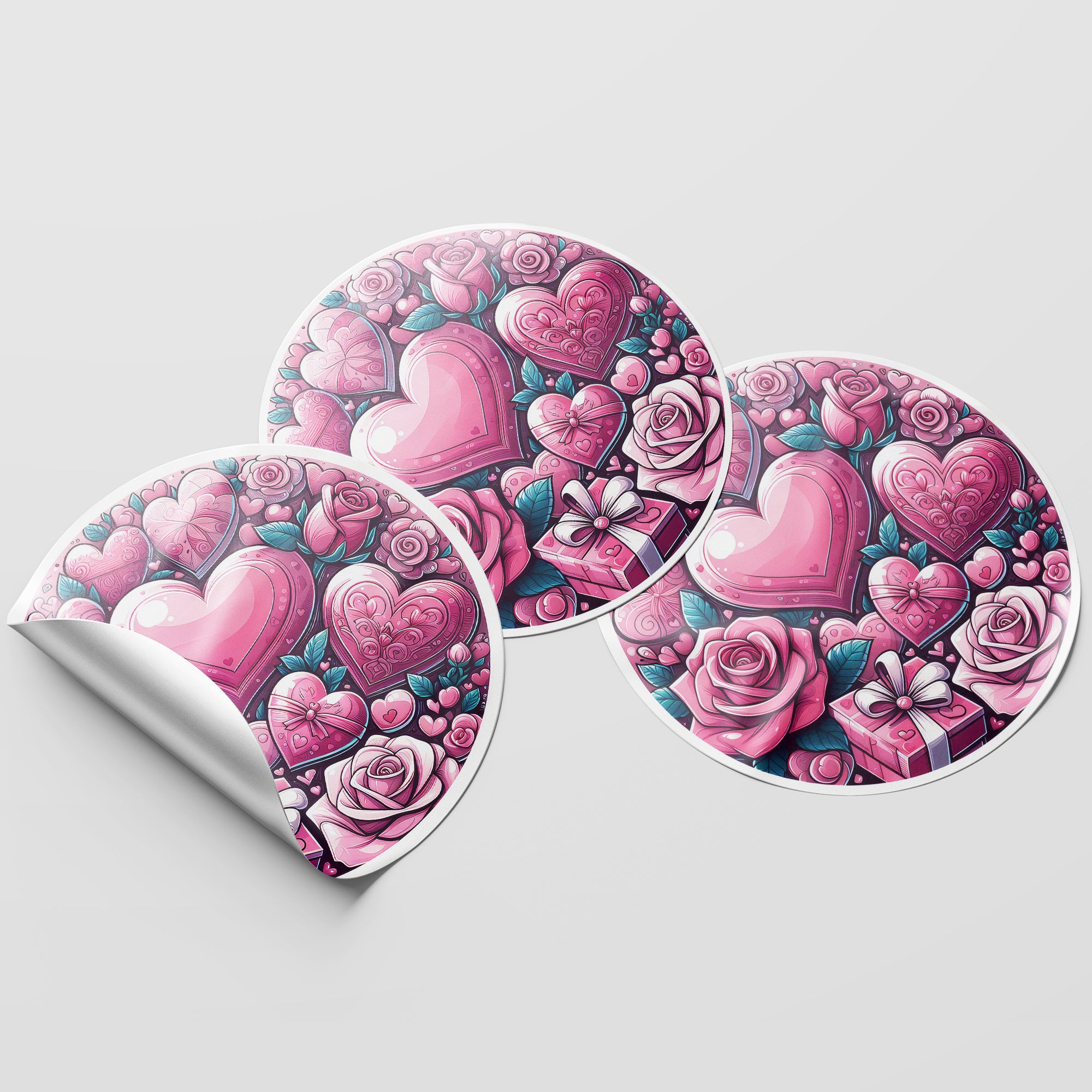 Pink Hearts & Roses 1 Circle Stickers