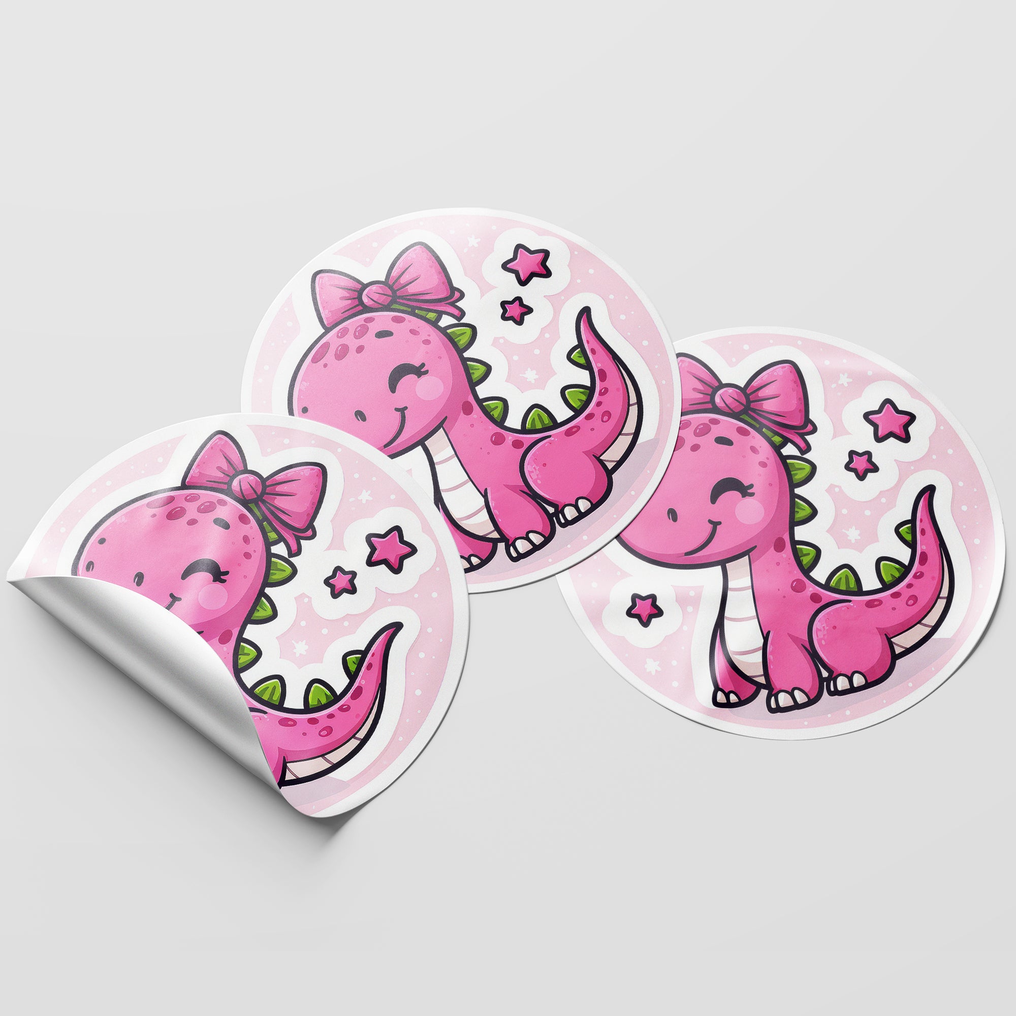 Pink Dinosaur 3 Circle Stickers