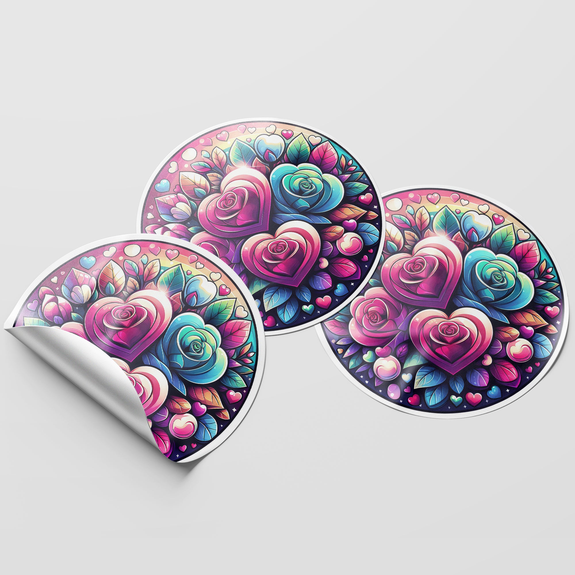 Rainbow Hearts & Roses 3 Circle Stickers