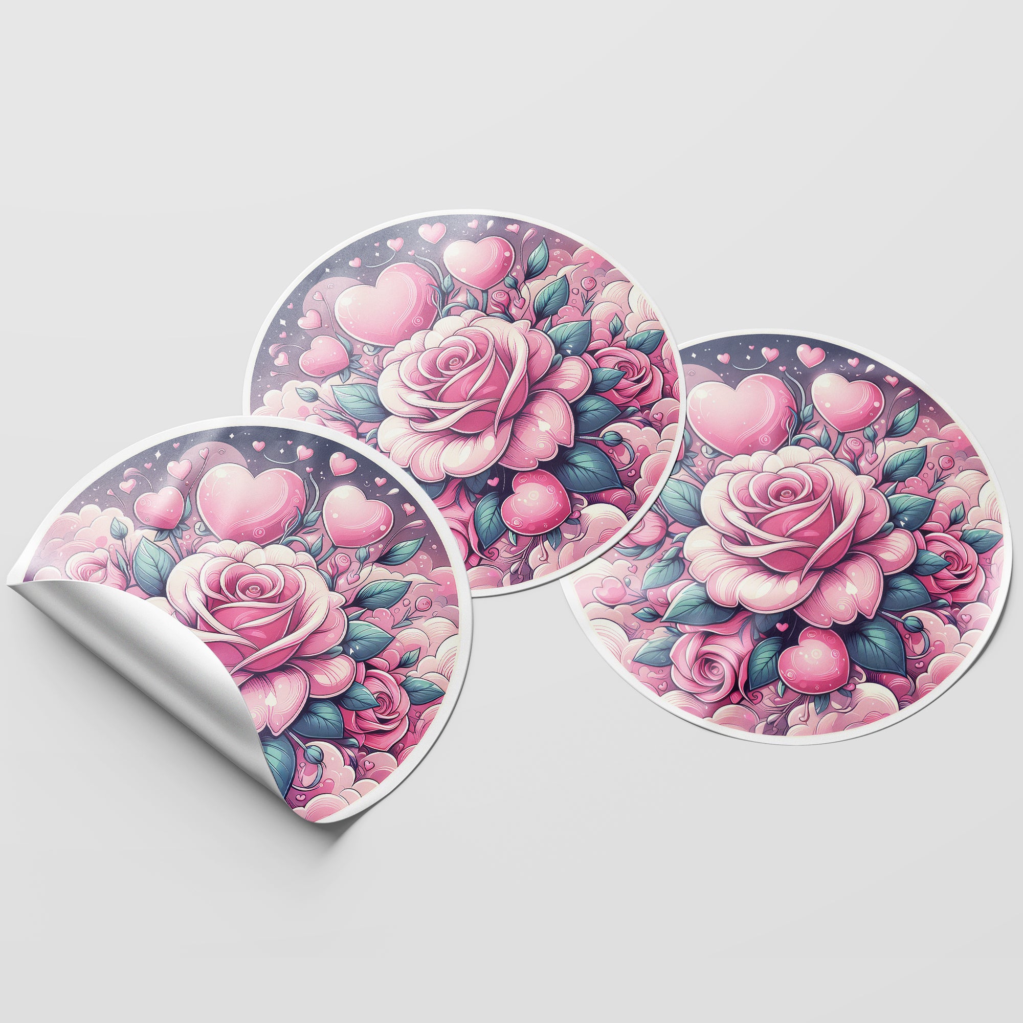 Pink Hearts & Roses 2 Circle Stickers