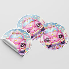 Pink Car 2 Circle Stickers