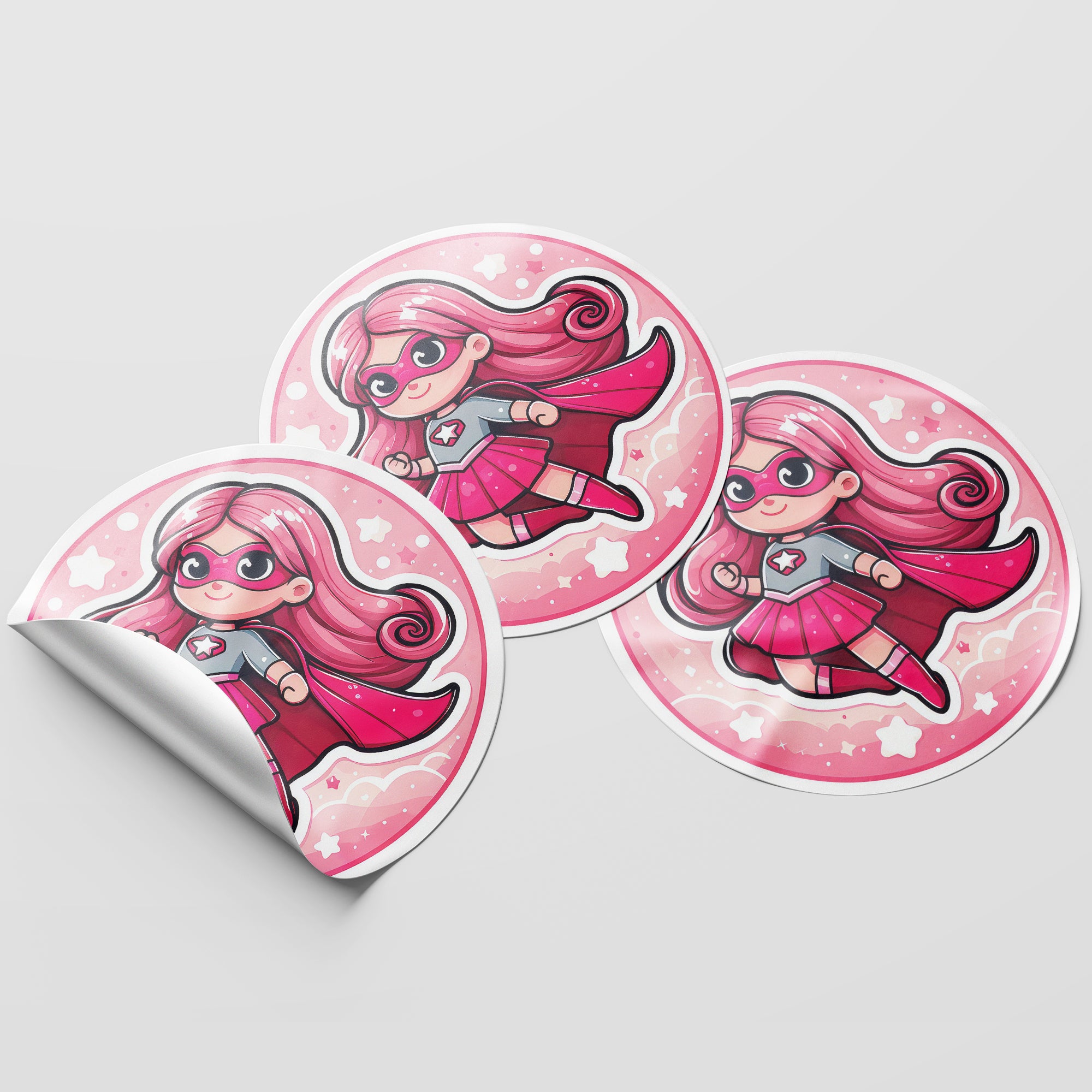 Pink Girl Superhero 1 Circle Stickers