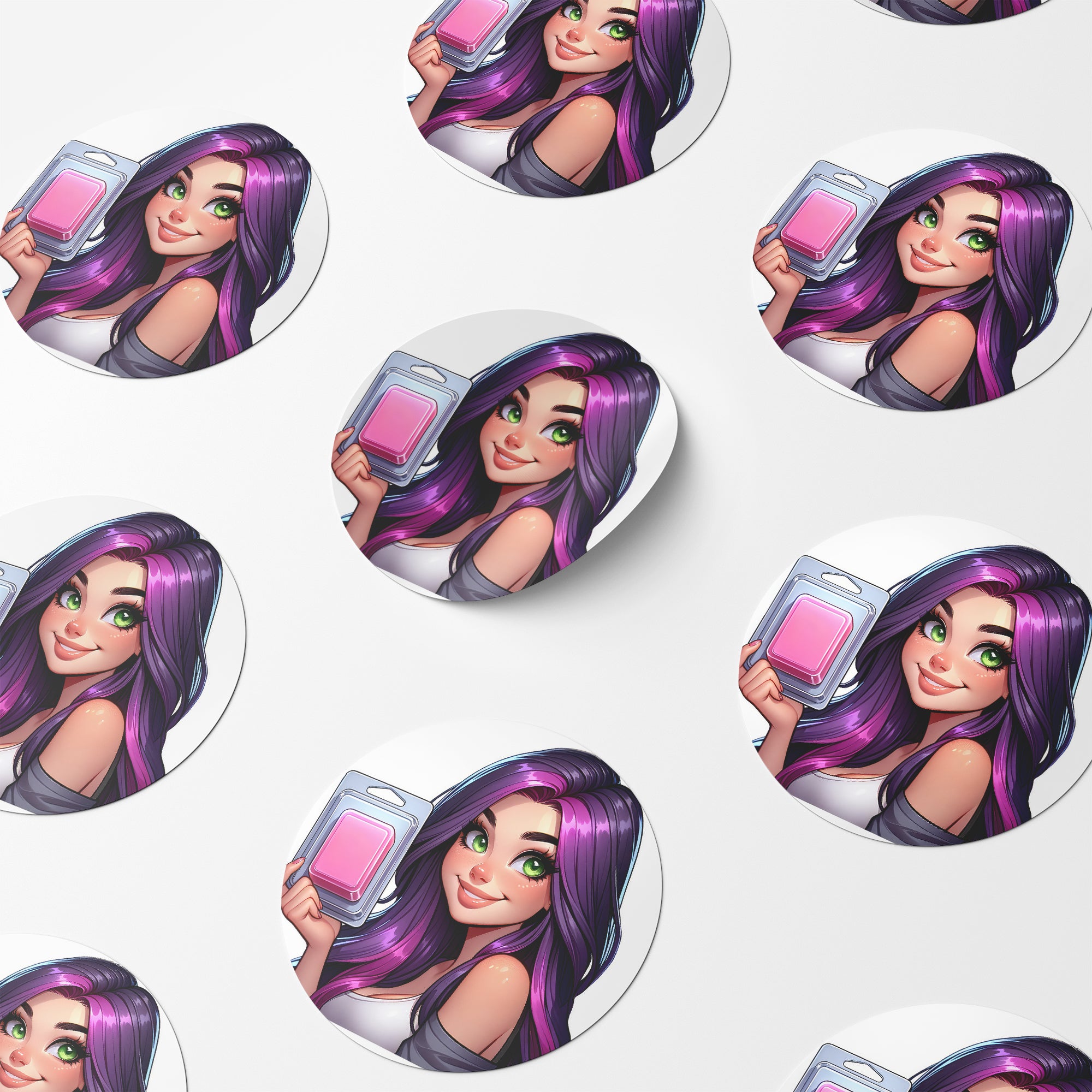 Purple Hair Woman Wax Melt Avatar 2 Circle Stickers