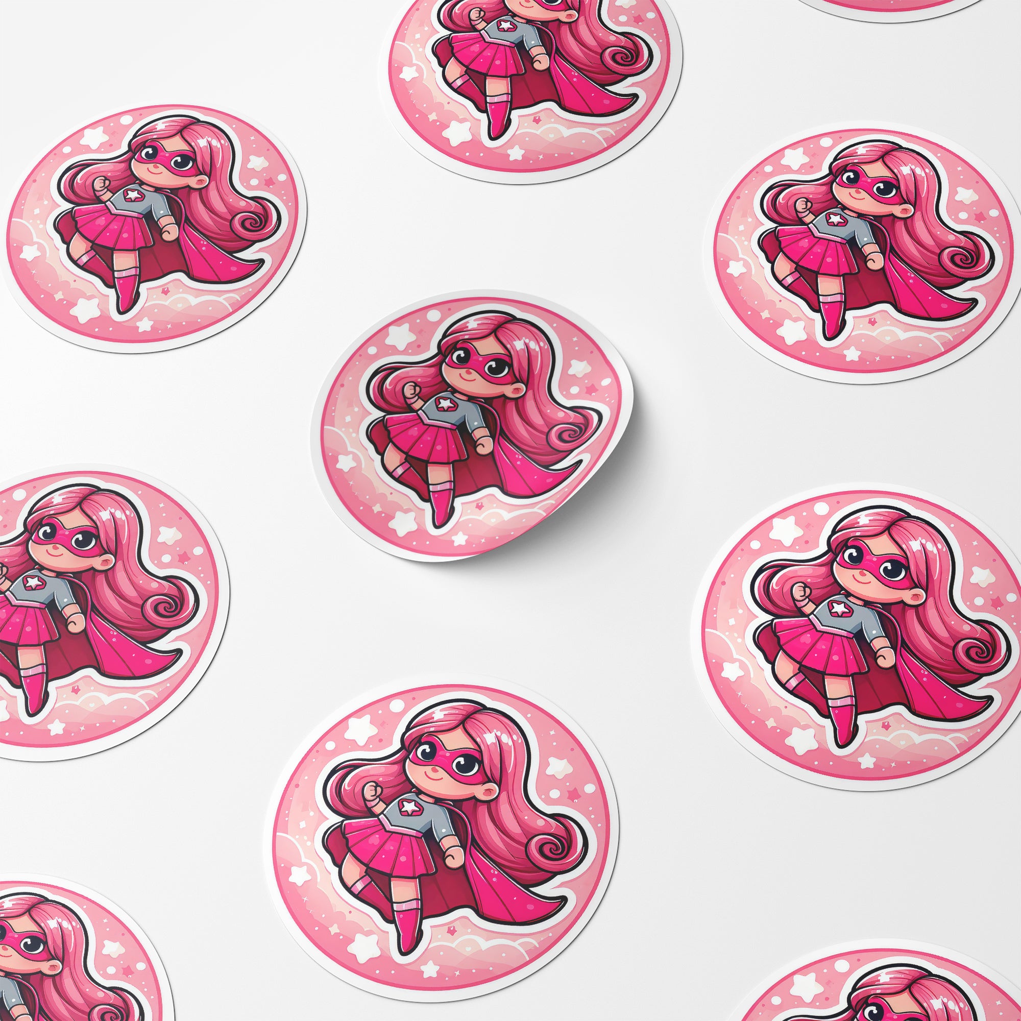 Pink Girl Superhero 1 Circle Stickers