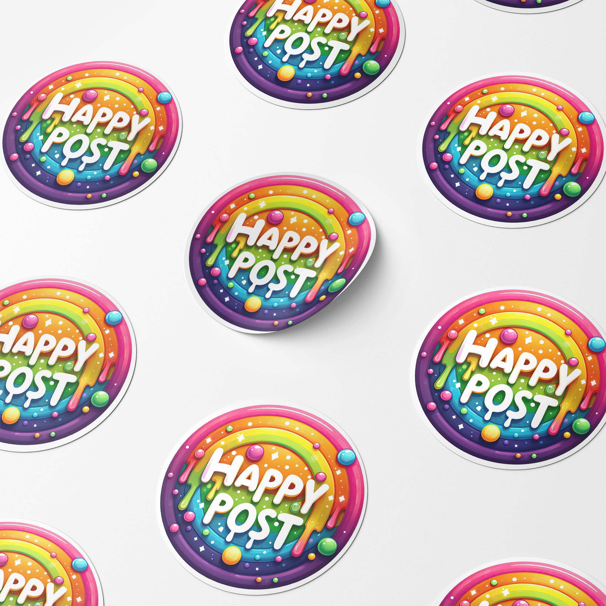 Melted Rainbow Happy Post Circle Stickers