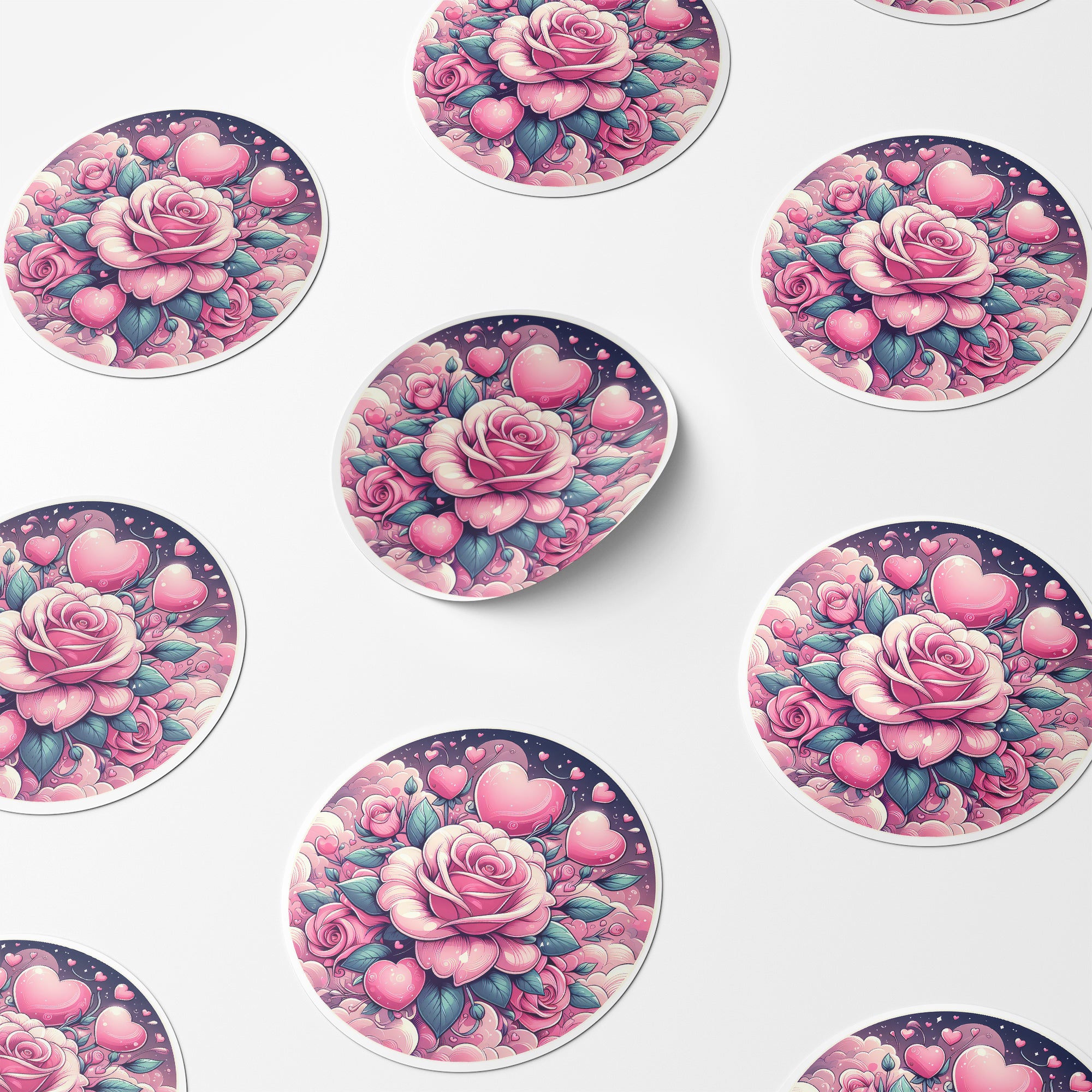 Pink Hearts & Roses 2 Circle Stickers