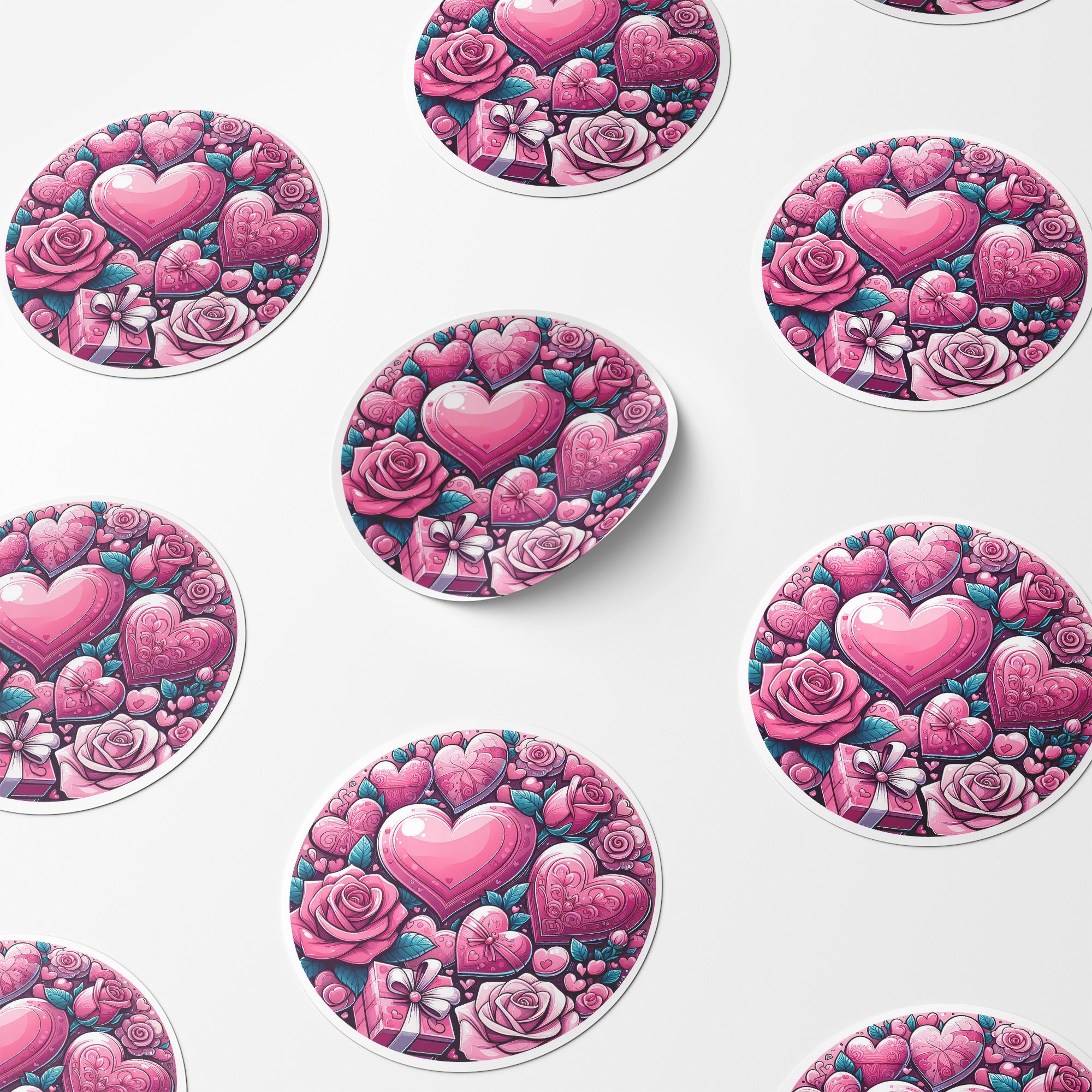 Pink Hearts & Roses 1 Circle Stickers