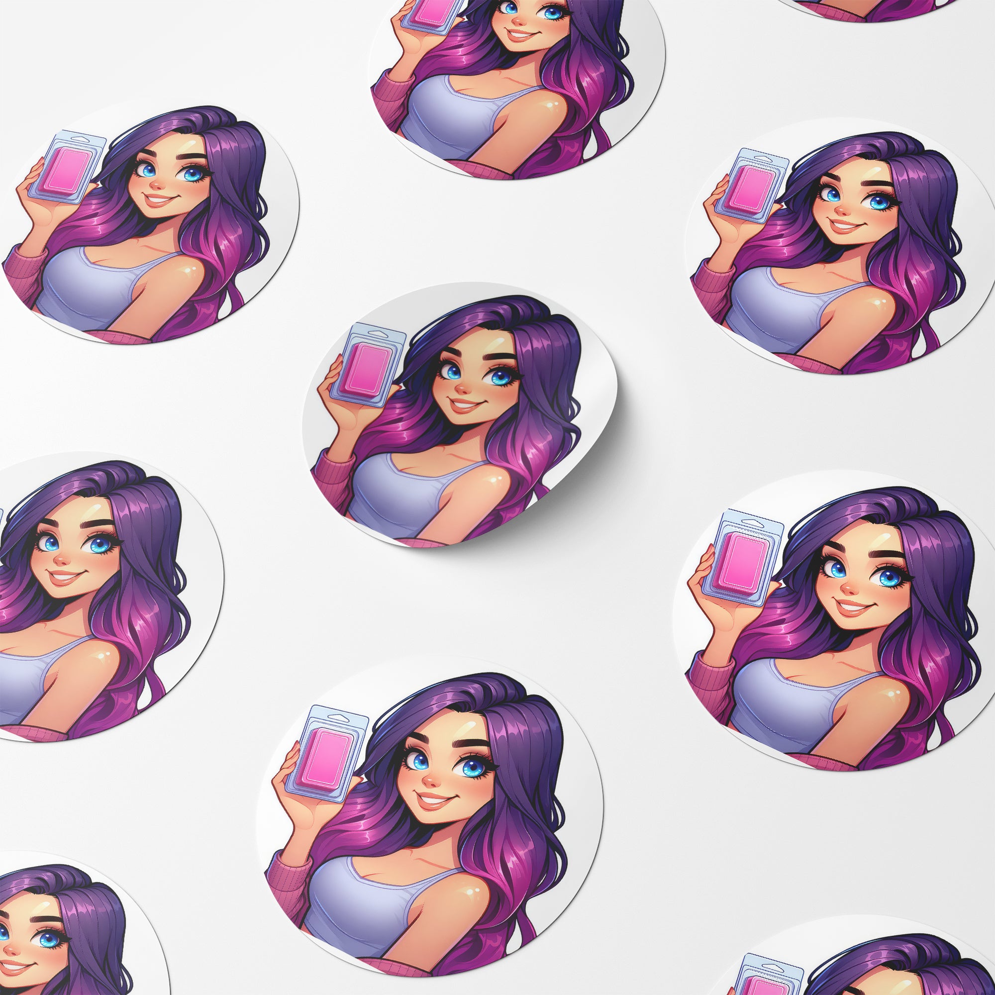 Purple Hair Woman Wax Melt Avatar 1 Circle Stickers