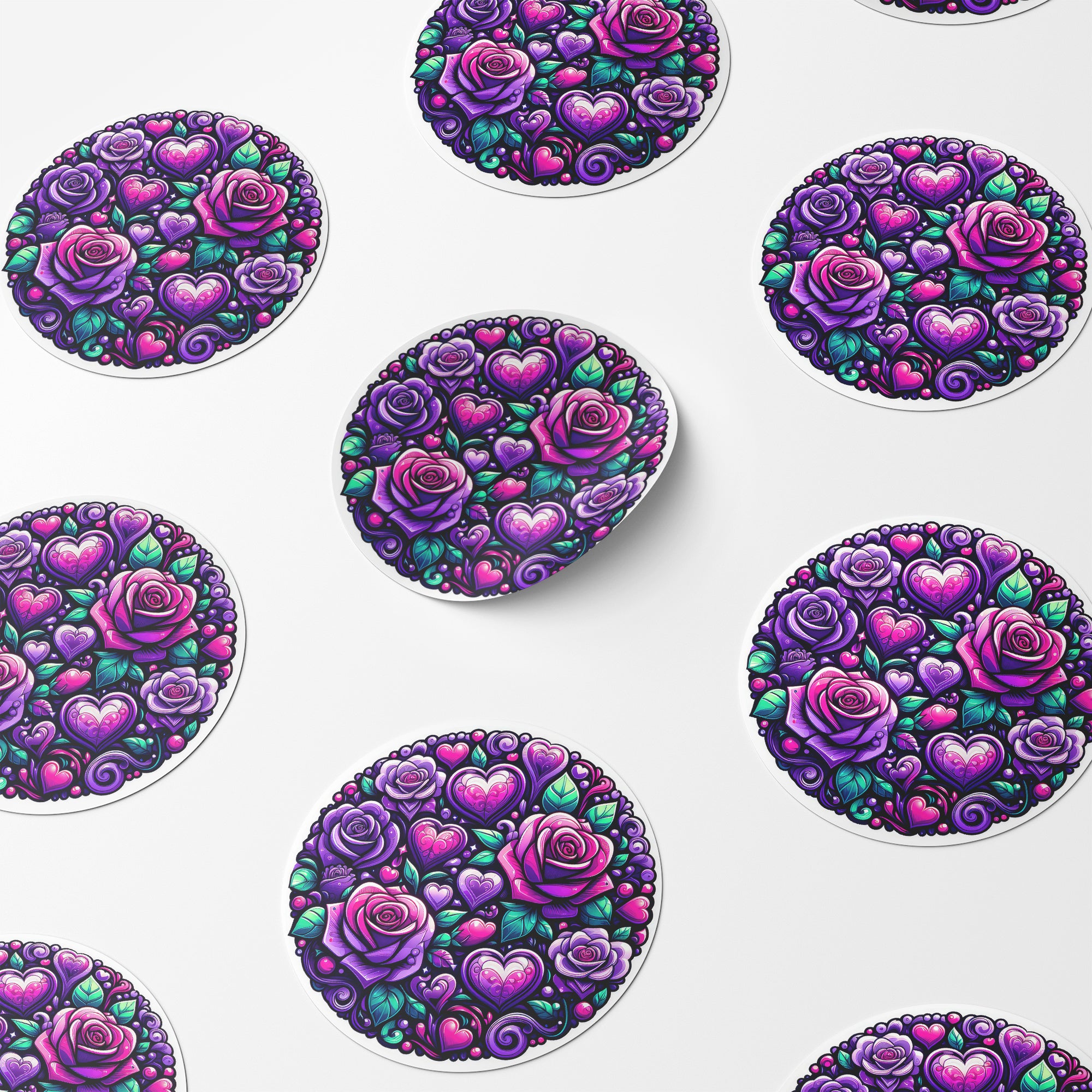 Purple Hearts & Roses 1 Circle Stickers