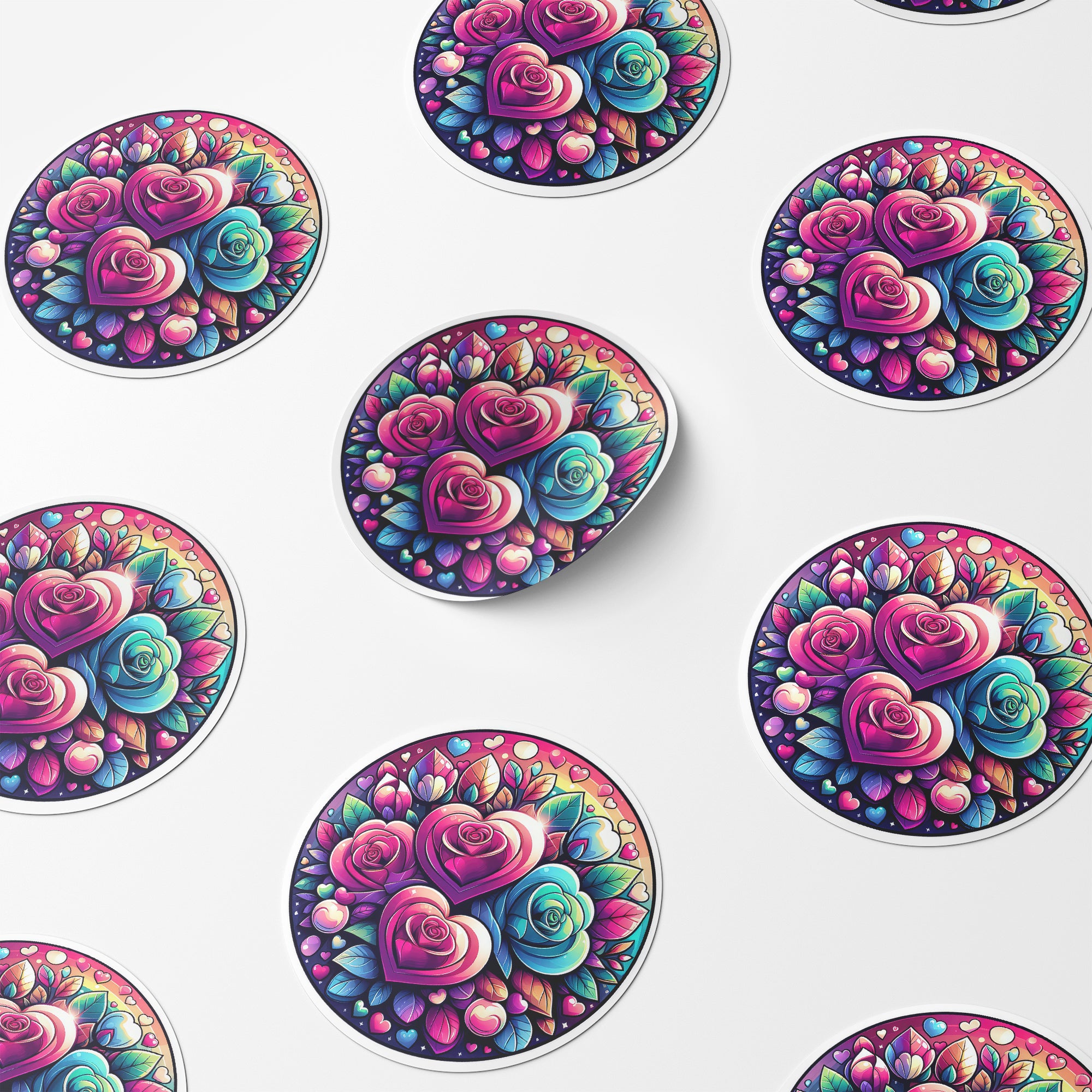 Rainbow Hearts & Roses 3 Circle Stickers