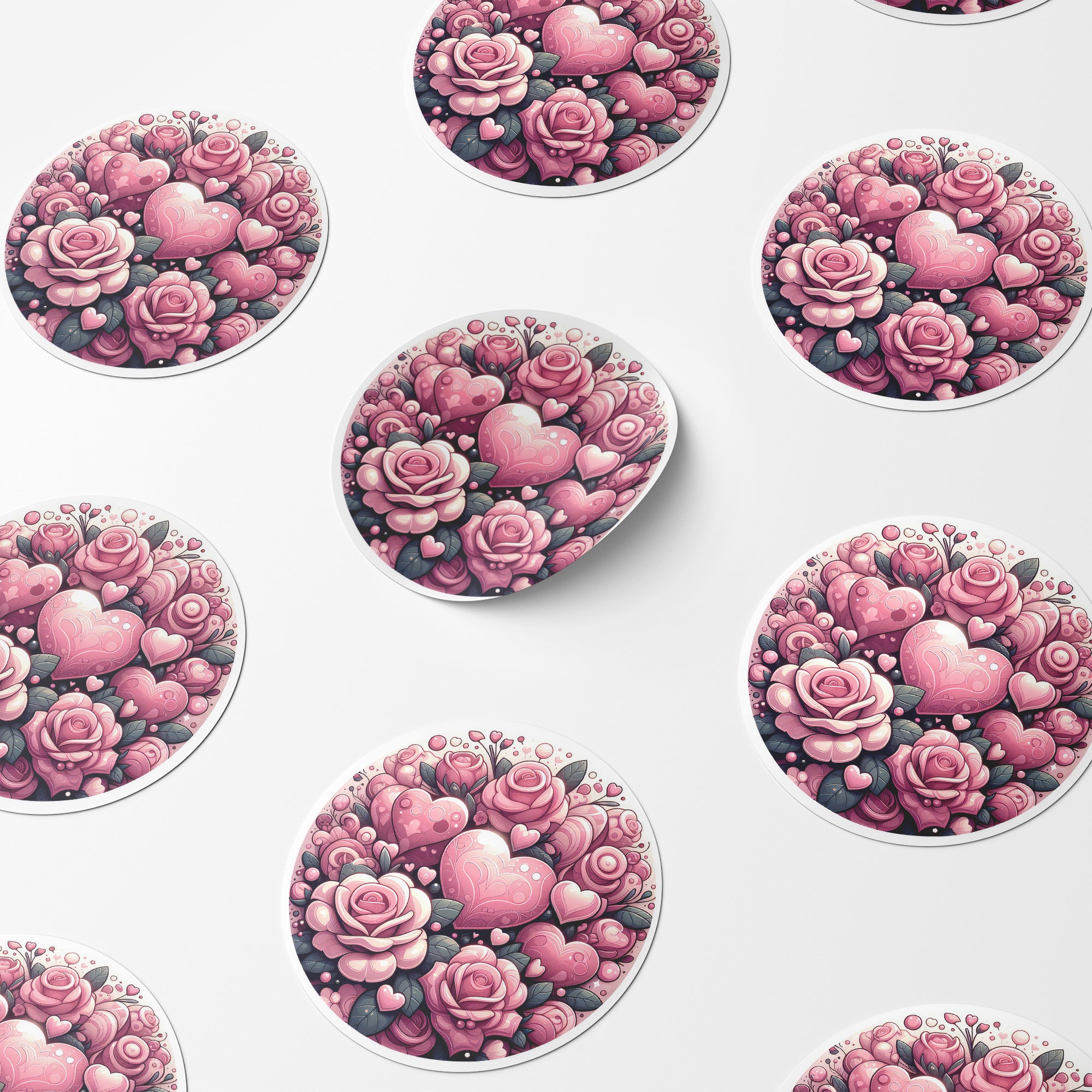 Pink Hearts & Roses 3 Circle Stickers