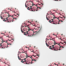 Load image into Gallery viewer, Pink Hearts &amp; Roses 3 Circle Stickers
