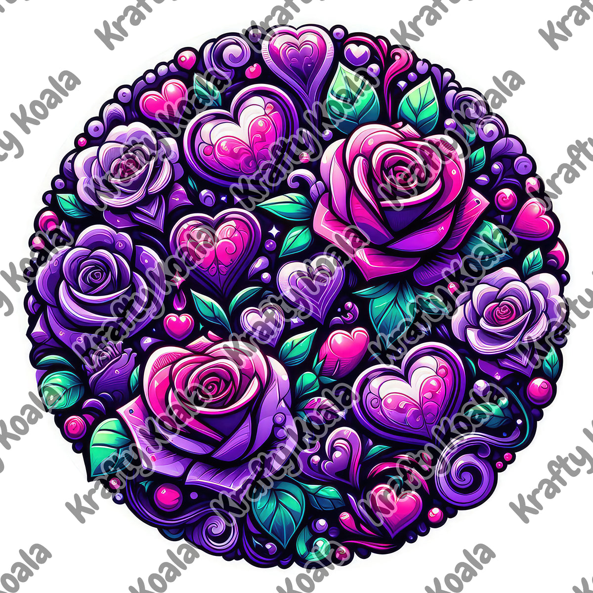 Purple Hearts & Roses 1 Circle Digital Design